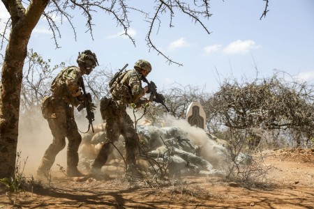 U.S. Soldiers participate in a live-fire training event during Exercise Justified Accord in Kenya, March 9, 2022. The exercise, which involves more than 800 participants, focuses on African partner capability and interoperability in support of United Nations and Africa Union peace support operations.