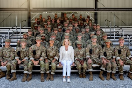 Secretary of the Army, Honorable Christine Wormuth, visits 1st Regiment, Basic Camp, cadets as they participate in the Field Leader Reaction Course during Cadet Summer Training at Fort Knox, Ky., July 21, 2022.