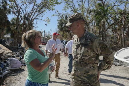 Maj. Gen. William H. Graham, U.S. Army Corps of Engineers Deputy Commanding General for Civil and Emergency Operations speaks with Gina Rogers, whose home on Sanibel Island, Florida was devastated by Hurricane Ian. 
