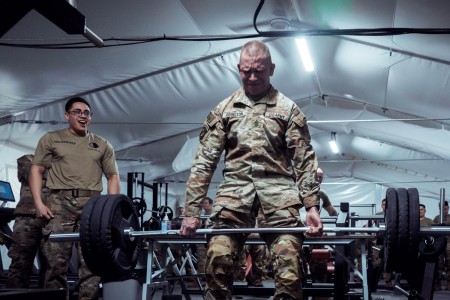 Sgt. Maj. of the Army Michael A. Grinston deadlifts during his visit at Camp Herkus, Lithuania, May 3, 2022. Grinston is the Army Chief of Staff&#39;s adviser on matters affecting the enlisted force and devotes most of his time traveling to observe training and interacting with Soldiers and their Families.