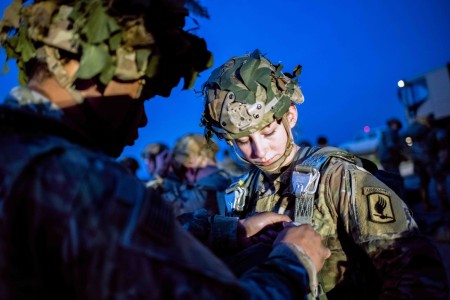 A Soldier prepares for an airborne operation alongside Tunisian troops near Bizerte, Tunisia, March 3, 2022.