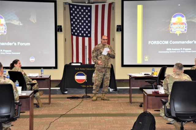 Gen. Andrew Poppas, commanding general of U.S. Army Forces Command, addresses forum attendees at FORSCOM headquarters, Fort Bragg, North Carolina 