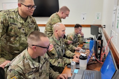 Soldiers from Army Space Support Team 22 with the 1158th Space Company, 117th Space Battalion, 1st Space Brigade, conduct a Table VIII certification at the 117th Readiness Facility on Fort Carson, Colorado, Nov. 4, 2022. From left are: Spc. Andy Hernandez-Solorio, Spc. Ryan Jenkins, Capt. Adam Smiley, Maj. Christopher Kremer, and Staff Sgt. Donovan Olson. Soldiers from the 1st Space Brigade provided space capabilities during  the Army&#39;s Project Convergence 2022, which took place across the Western United States from September to November.  (U.S. Army photo)