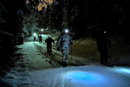 Members of the Germany Army participate in a pre-dawn ski session in the vicinity of Fort Wainwright, Alaska, with soldiers from 3rd Battalion, 21st Infantry Regiment. The representatives of the Bundeswehr are visiting Alaska to enhance relationships between the two nations and explore training opportunities in the region.