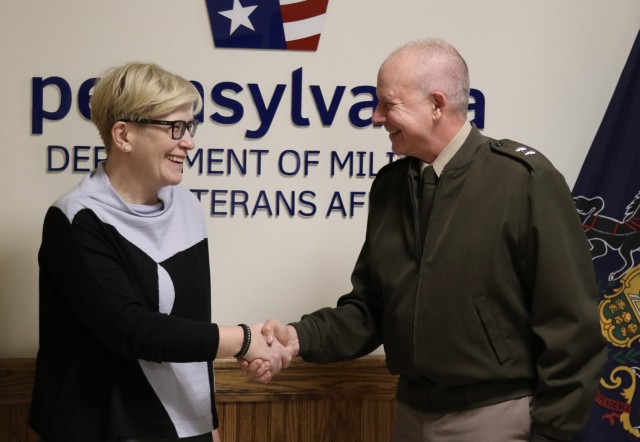 U.S. Army Maj. Gen. Mark Schindler, the adjutant general of Pennsylvania, welcomes the prime minister of Lithuania, Ingrida Šimonytė, to Fort Indiantown Gap Dec. 5, 2022, to tour the base and learn more about the Pennsylvania National Guard’s...