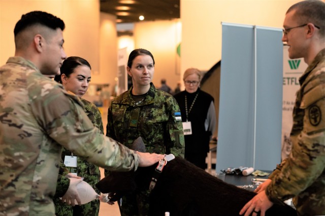U.S. Army medical Soldiers discuss military working dog medical procedures with members of the Estonian Defense Force.