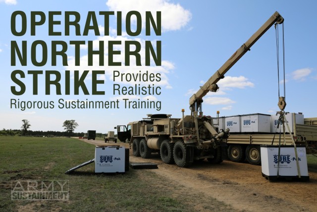 Members of the Texas Army National Guard with the 36th Sustainment Brigade offload equipment in preparation for Northern Strike 21 at Camp Grayling, Michigan, on July 30, 2021. 