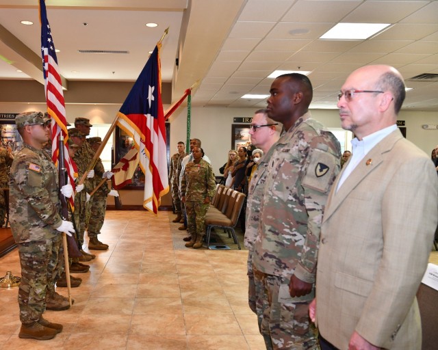 The Puerto Rico Army National Guard Color Guard led by Garrison Command Sgt. Maj. Roderick W. Hendricks present honors to the Nation during the Fort Buchanan Change of Command Ceremony.