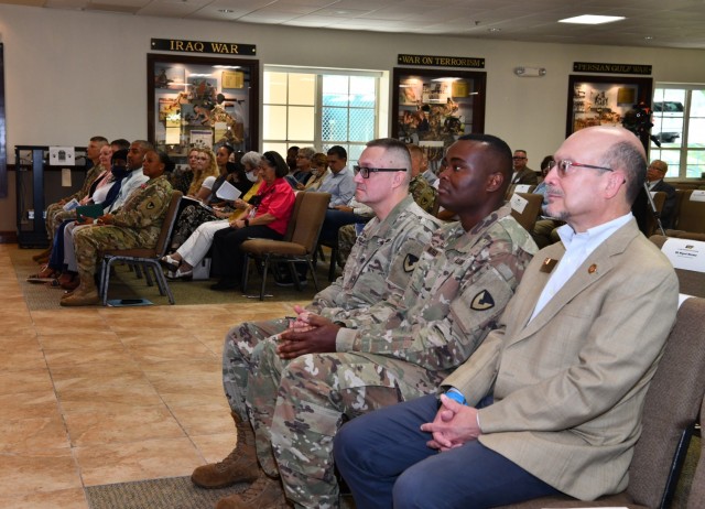 (L to R) Incoming Fort Buchanan Garrison Commander Col. Charles N. Moulton; Installation Management Command Readiness Senior Advisor Command Sgt. Maj. Michael L. Oliver II and Civilian Aide to the Secretary of the Army Luis A. Soto.