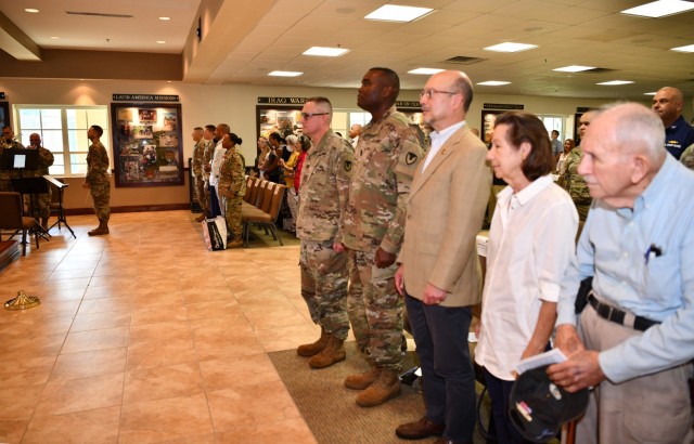 (L to R) New Garrison Commander Col. Charles N. Moulton; IMCOM Readiness Senior Advisor Command Sgt. Maj. Michael L. Oliver II; Civilian Aide to the Secretary of the Army (CASA) Luis A. Soto and Carmen Sein spouse of CASA Emeritus, Maj. Gen....