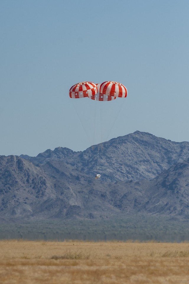 As seen in this June 2017 photo, the Capsule Parachute Assembly System (CPAS) of the Orion Space Capsule underwent extensive developmental and qualification testing at U.S. Army Yuma Proving Ground. Following a launch on November 16, the uncrewed...
