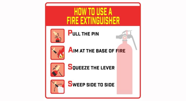 When it comes to using a fire extinguisher, the Fort Leonard Wood Fire Department recommends remembering the PASS acronym. “P” stands for “pull the pin.” “A” stands for “aim the nozzle at the base of the fire.” The first “S” is for “squeeze the trigger or lever,” and the second “S” stands for “sweep the nozzle slow and steady at the base of the fire.”