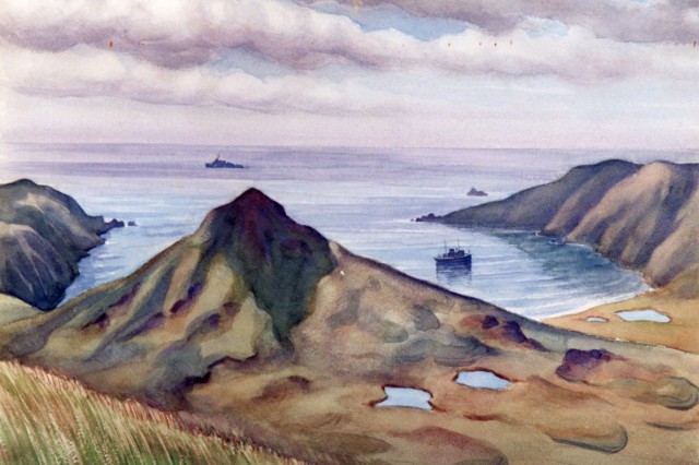 An Ernie Hardenstein watercolor shows a warship patroling off the Aleutian Islands while an Army supply vessel rests at anchor during World War II.