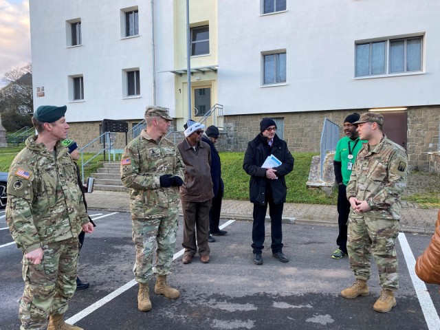 Cpl. Bueno voicing his concerns to Garrison Commander U.S. Army Col. Reid Furman and Command Sgt. Maj. Stephen LaRocque during the Baumholder housing walking town hall, Dec. 8 on Smith Barracks. 