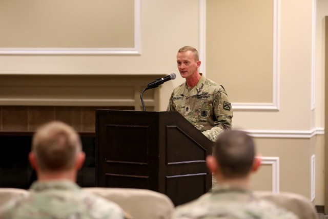 Combined Arms Center’s new Senior Enlisted Advisor Sgt. Major Christopher Kohunsky speaks during his assumption of responsibility ceremony Dec. 13, 2022 at the Frontier Conference Center, Fort Leavenworth, Kan. Photo by Tisha Swart-Entwistle, Combined Arms Center-Training Public Affairs.
