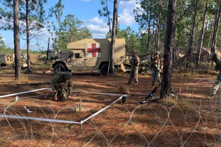 Alert to the critical importance of logistics to any future conflict, the U.S. Army continues to modernize the way it exchanges logistics data, both globally and locally on the battlefield. In the photo, Paratroopers in the 189th Combat Sustainment Support Battalion, 82nd Airborne Division Sustainment Brigade, conduct defense operations as they execute 360 degree security while providing transportation, fuel, maintenance and communication support during Joint Readiness Training Center Operations at Fort Polk, Louisiana, on November 7, 2022. 