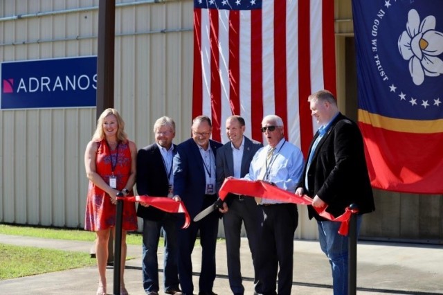 Adranos co-founders Chris Stoker (third from right) and Brandon Terry (far right) attend the ribbon cutting of their munitions manufacturing facility in coastal Mississippi, alongside U.S. Sen. Roger Wicker (second from right) and state representatives. (Adranos)