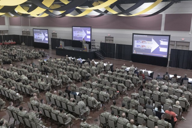 Almost 800 1st Armored Division Soldiers and fellow leaders from Fort Bliss units fill the main room for Iron Summit, a 1st AD-hosted leadership and development forum, at the El Paso Convention Center at El Paso, Texas, Dec. 13, 2022.