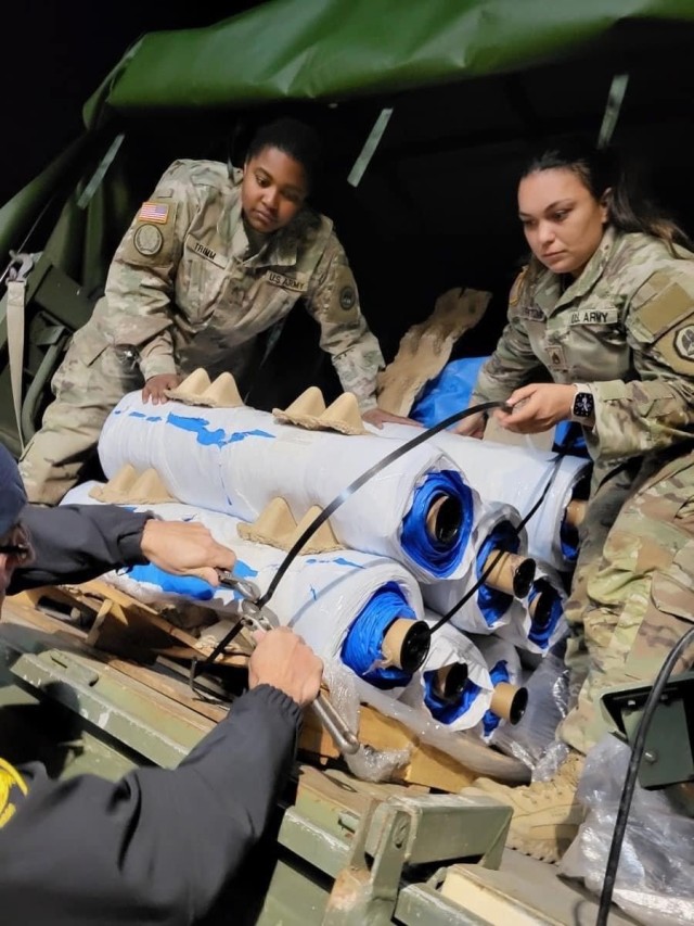 Louisiana National Guard men and women from the 165th CSSB, 139th Regional Support Group, delivered more than 2,000 tarps and 16,200 liters of water throughout Iberia, Jefferson, Orleans, St. Charles and Union Parishes after a severe storm with damaging tornadoes struck Dec. 14, 2022. 
