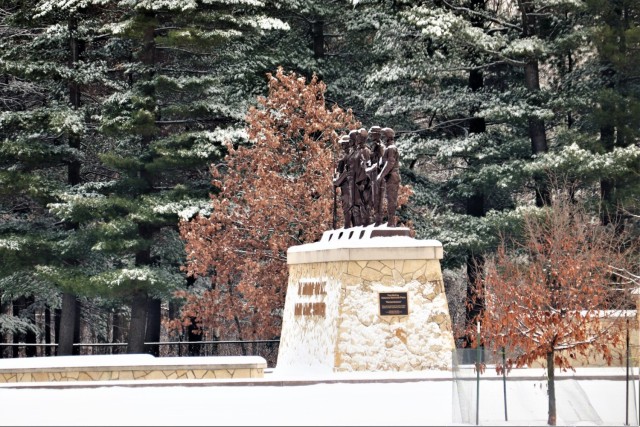 December 2022 snow scenes at Fort McCoy&#39;s Veterans Memorial Plaza