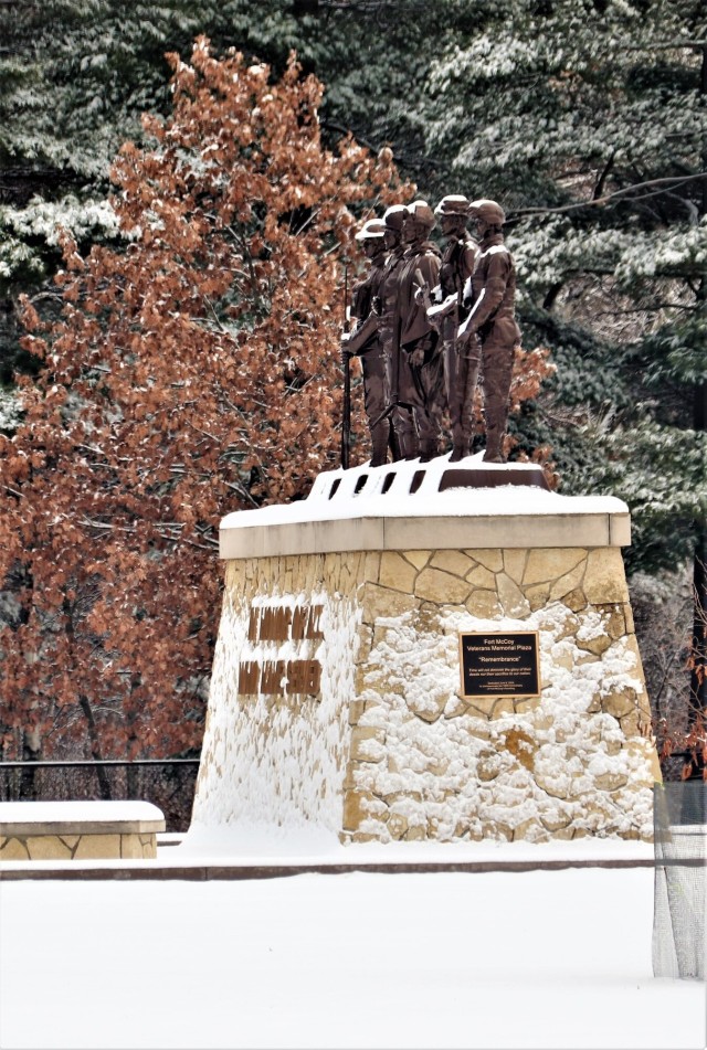 December 2022 snow scenes at Fort McCoy&#39;s Veterans Memorial Plaza