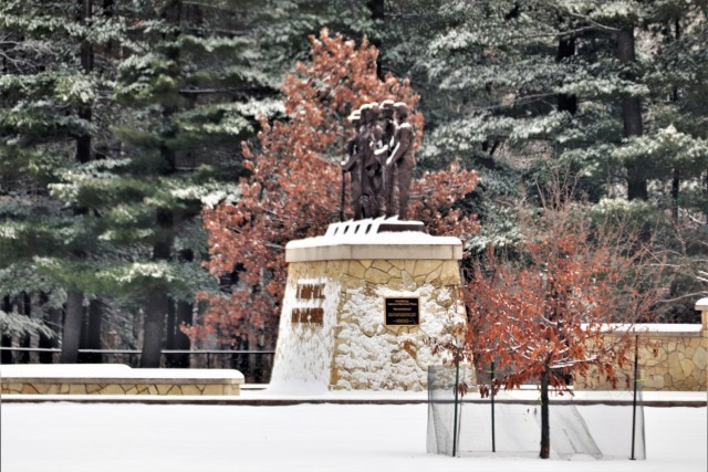 December 2022 snow scenes at Fort McCoy&#39;s Veterans Memorial Plaza