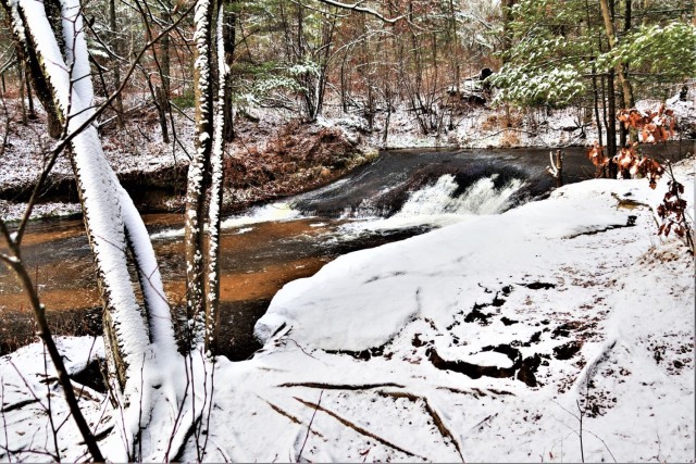 Snowy day at Fort McCoy&#39;s Trout Falls in Pine View Recreation Area