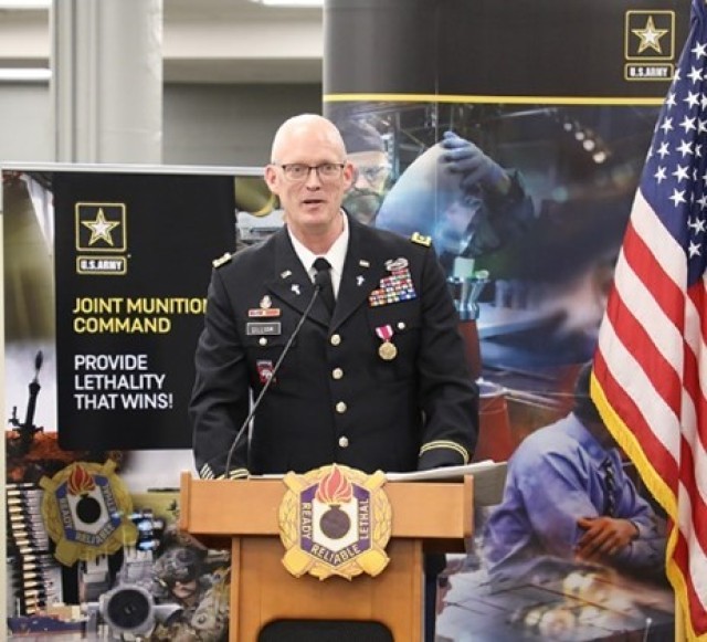 Chaplain Maj. Rodney Gilliam speaks to his wife Angela, JMC leadership and workforce, and family and friends during his retirement ceremony at JMC’s headquarters in Rock Island, Illinois. The ceremony was both in-person and virtual.