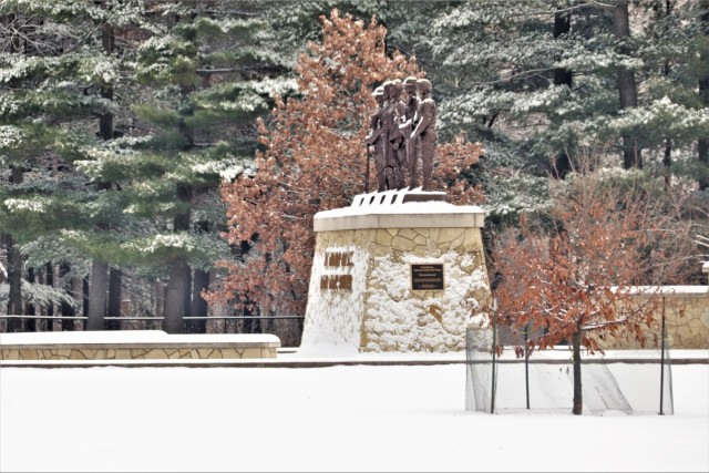 December 2022 snow scenes at Fort McCoy&#39;s Veterans Memorial Plaza