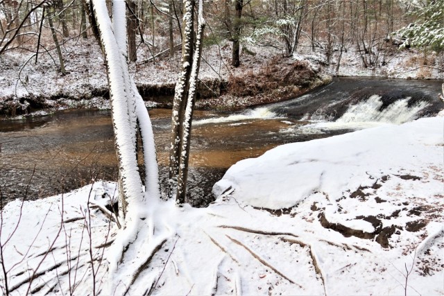 Snowy day at Fort McCoy&#39;s Trout Falls in Pine View Recreation Area