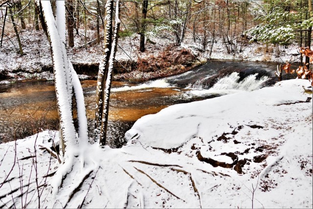 Snowy day at Fort McCoy&#39;s Trout Falls in Pine View Recreation Area