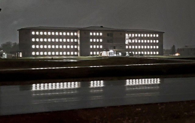 New barracks at night at Fort McCoy