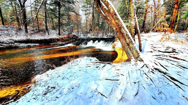 Snowy day at Fort McCoy&#39;s Trout Falls in Pine View Recreation Area