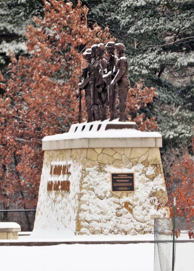 December 2022 snow scenes at Fort McCoy&#39;s Veterans Memorial Plaza