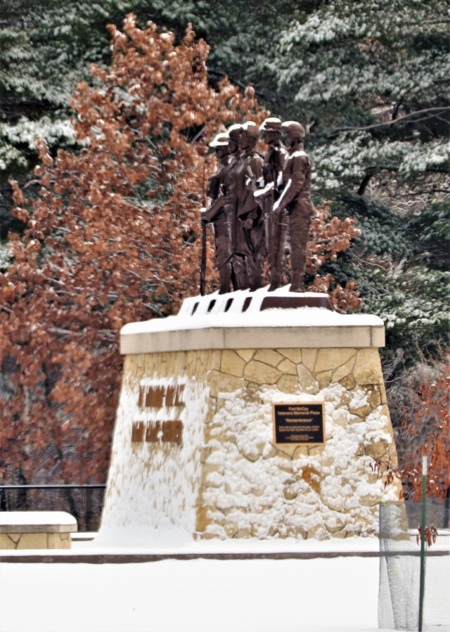 December 2022 snow scenes at Fort McCoy&#39;s Veterans Memorial Plaza