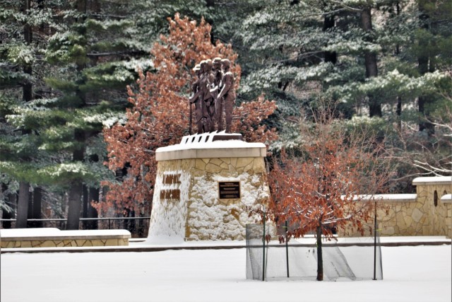 December 2022 snow scenes at Fort McCoy&#39;s Veterans Memorial Plaza