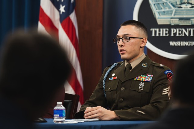 U.S. Central Command Chief Technology Officer Schuyler Moore and U.S. Army Sgt. Mickey Reeve, the winner of CENTCOM’s 2022 Innovation Oasis contest, conduct a press briefing on artificial intelligence and unmanned systems at the Pentagon Dec. 7, 2022.

