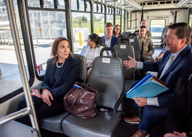 Installation Energy Manager Allen Simpson with the Directorate of Public Works (right) explains the energy efficiency and resiliency strengths of Fort Leonard Wood’s two combined heat and power plants to Assistant Secretary of the Army for...