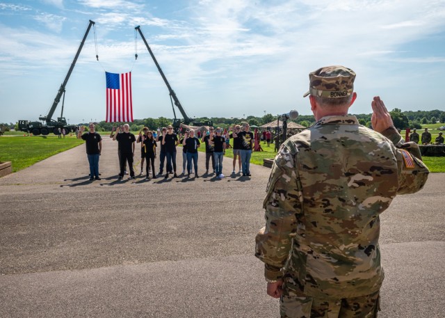 One of the highlights of the Meet Your Army event Aug. 13 on Gammon Field was when 14 future Soldiers from across Missouri and Illinois took the Oath of Enlistment from Maj. Gen. James Bonner, Maneuver Support Center of Excellence and Fort Leonard...