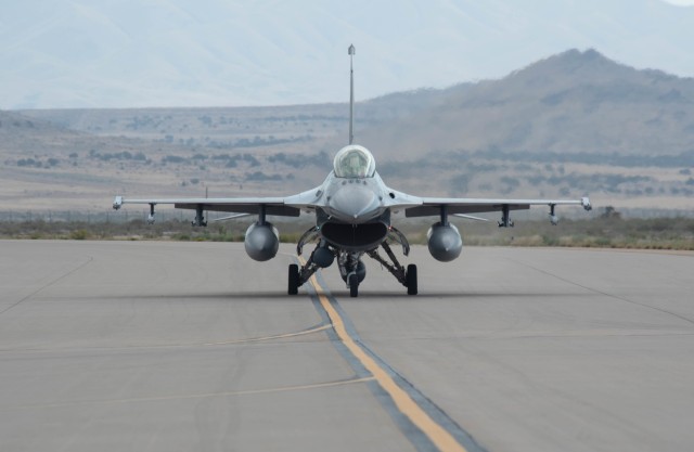 An F-16 Fighting Falcon from the Air Force Reserve Command Test Center arrives in support of a joint force exercise on Sept. 8, 2022, at Dugway Proving Ground, Utah. This joint force exercise incorporates more than seven military entities across three branches creating innovative operational concepts to allow quick response to an ever changing wartime horizon. (U.S. Air National Guard photo by: TSgt Danny Whitlock)