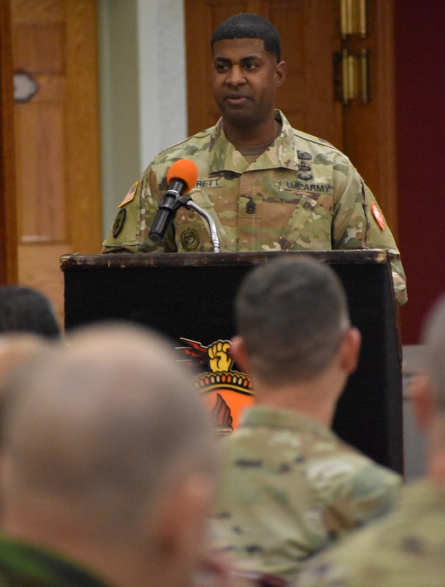 Command Sgt. Maj. Linwood Barrett, U.S. Army Signal School command sergeant major, delivers remarks during his assumption of responsibility ceremony Jan. 10 at Fort Gordon. 
