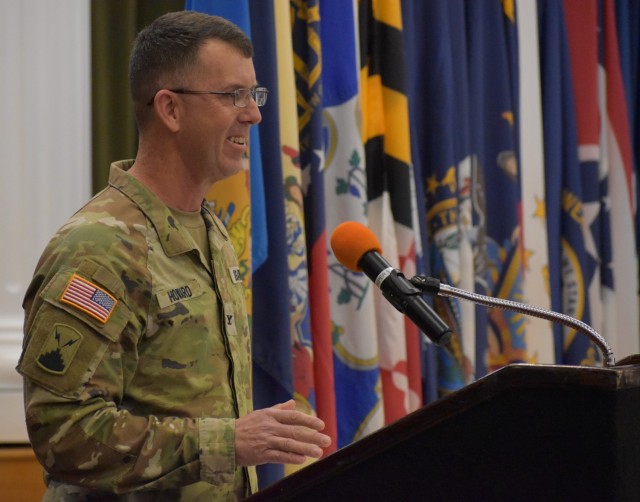 Col. Paul Howard, 42nd chief of Signal and U.S. Army Signal School commandant, speaks during Command Sgt. Maj. Linwood Barrett&#39;s assumption of responsibility ceremony held Jan. 10 at Fort Gordon.