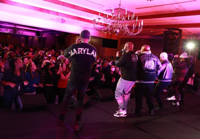 R&B group Dru Hill sing to the crowd during the group’s concert Jan. 10, 2023, at the Camp Zama Community Club at Camp Zama, Japan. The group was in Japan as part of a tour of U.S. military bases in Asia in conjunction with Armed Forces Entertainment.