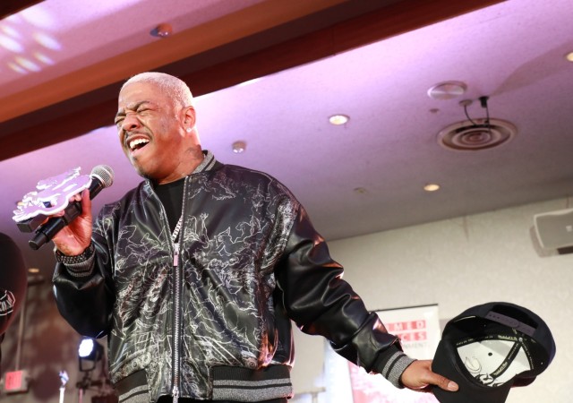 Dru Hill member Sisqó sings a song during the group’s concert Jan. 10, 2023, at the Camp Zama Community Club at Camp Zama, Japan. The group was in Japan as part of a tour of U.S. military bases in Asia in conjunction with Armed Forces Entertainment.