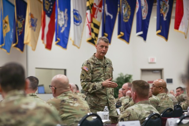 Army Gen. Daniel Hokanson, chief, National Guard Bureau, addresses senior Guard leaders from across the country during the Director of the Army National Guard’s Green Tab Commanders Conference at the National Guard Professional Education Center, Camp Robinson, Arkansas, Jan. 11, 2023. Hokanson emphasized the Guard is an integral part of the Defense Department’s National Defense Strategy.