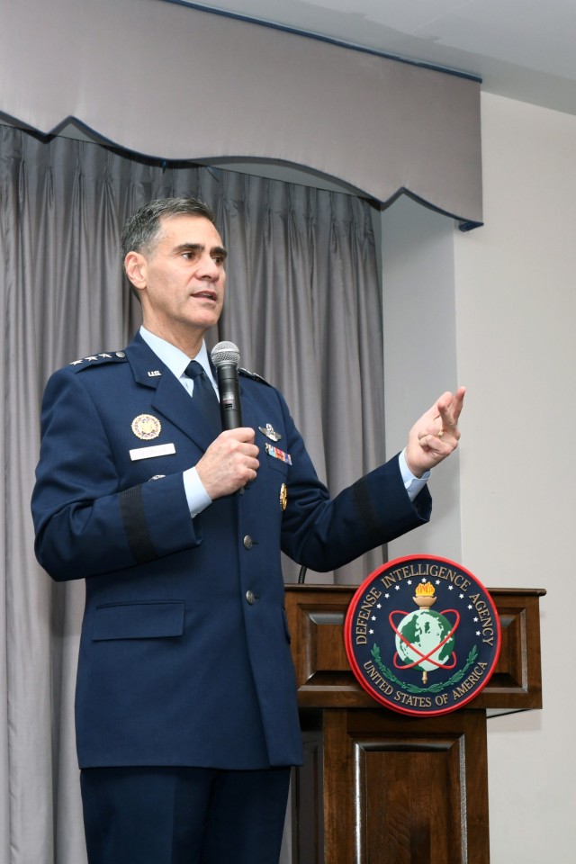 Air Force Lt. Gen. Marc Sasseville, vice chief, National Guard Bureau, addresses Defense Intelligence Agency defense attaches, Joint Base Anacostia Bolling, Washington, D.C., Jan. 12, 2023. (U.S. Air National Guard photo by Master Sgt. Steven Schwach)