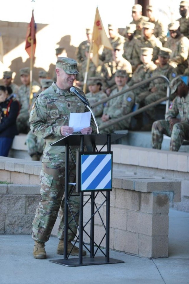 U.S. Army Command Sgt. Maj. Jeffrey L. Campbell, the incoming senior enlisted advisor of the 3rd Division Sustainment Brigade, introduces himself to his Soldiers during a change of responsibility ceremony at Fort Stewart, Georgia, Jan. 11, 2023....