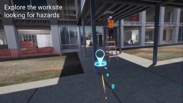 A screenshot of the USACE Safety Trainer 360 shows the first-person perspective of a user navigating the simulated construction site. The virtual reality game, developed through a partnership between the U.S. Army Engineering and Support Center, Huntsville and the Army Game Studio, was recently unveiled during a construction safety course led by the Center’s Safety Office.