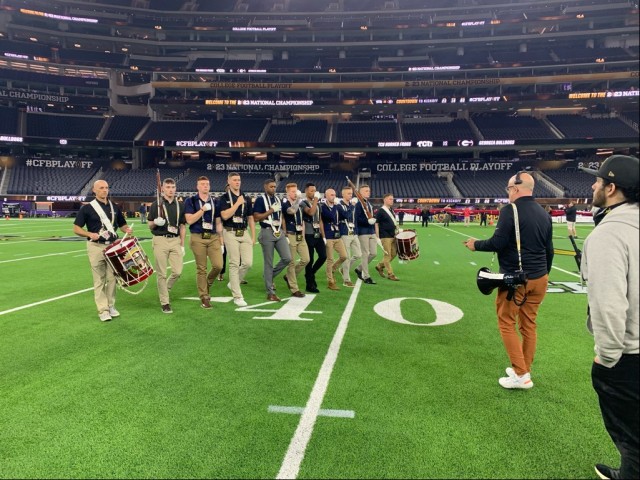 Members of the Joint Armed Forces Color Guard and drummers from The U.S. Army Field Band rehearse a colors presentation prior to gametime of 2023 College Football Playoff National Championship Game on January 9, 2023 at SoFi Stadium in Los Angeles.
