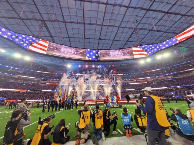 The Joint Armed Forces Color Guard and drummers from The U.S. Army Field Band present the colors at the 2023 College Football Playoff National Championship Game on January 9, 2023 at SoFi Stadium in Los Angeles.
